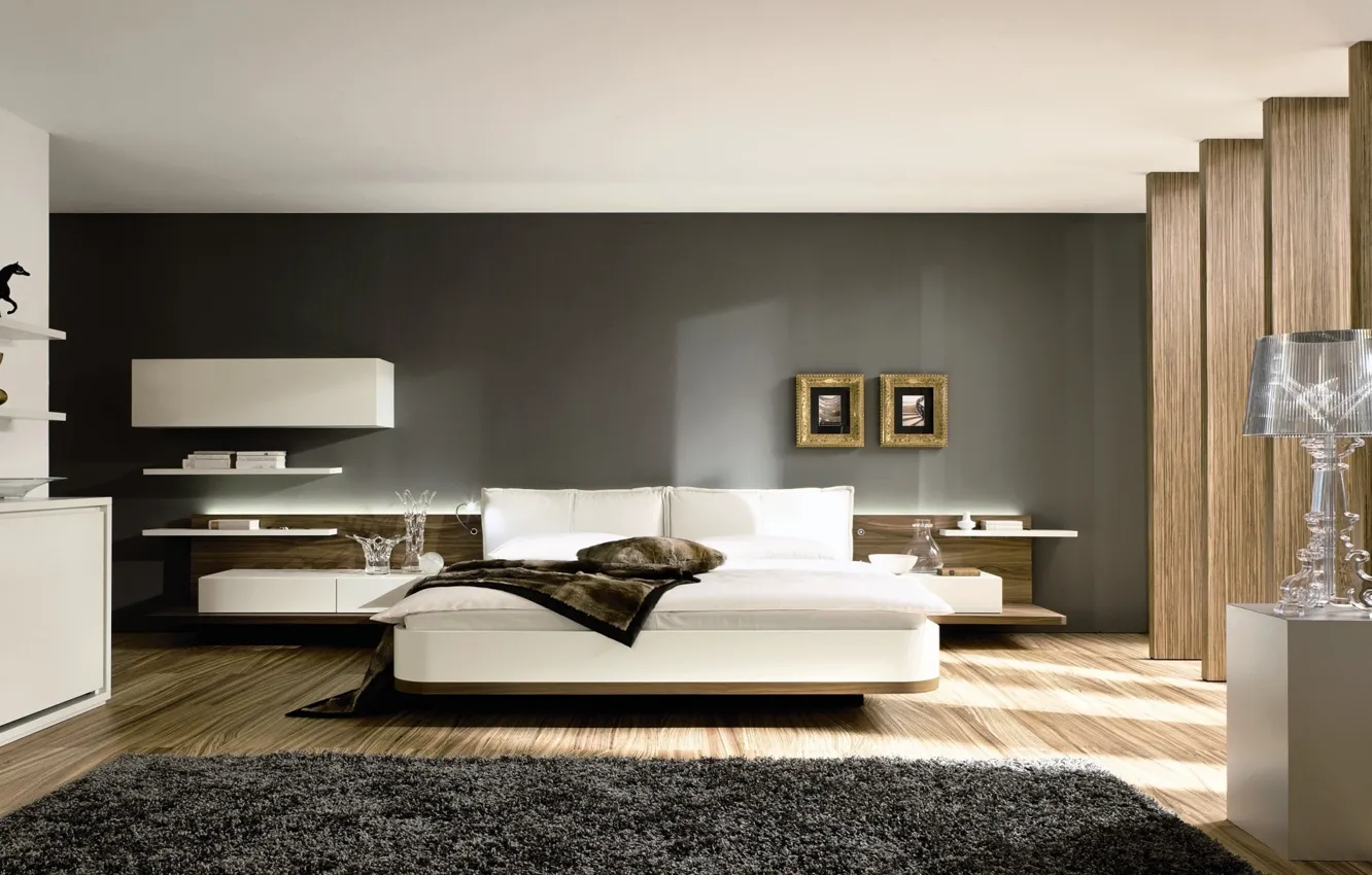 Photo wallpaper design, bed, interior, pillow, pictures, shelves
