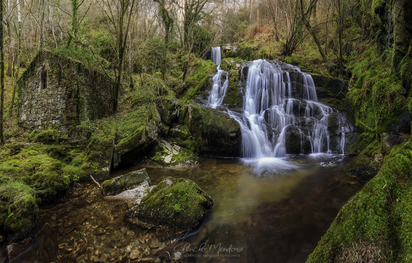 Photo wallpaper nature, waterfall, hut, the barn, house, stream, river, forest