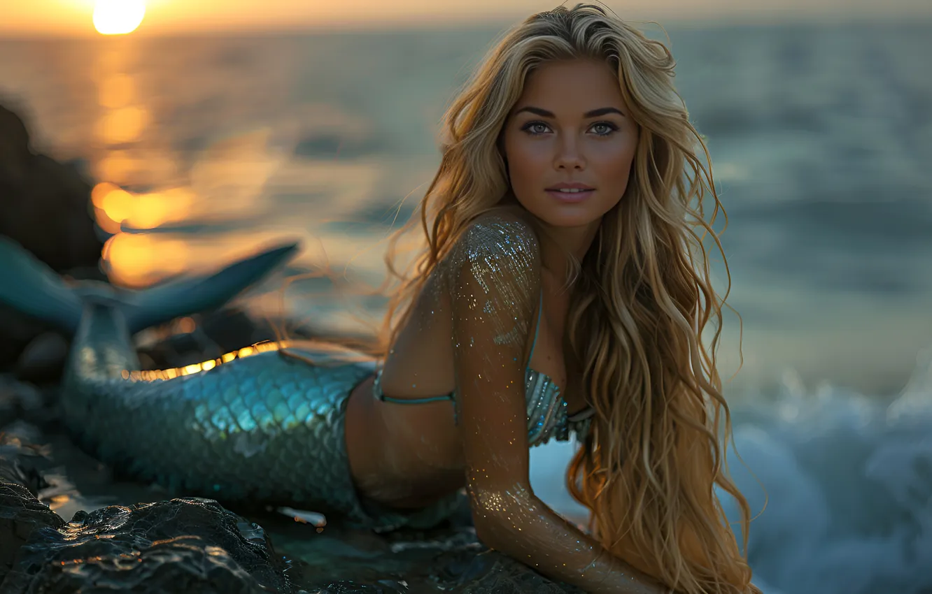 Photo wallpaper look, girl, dawn, hair, mermaid, tail, digital art, AI art