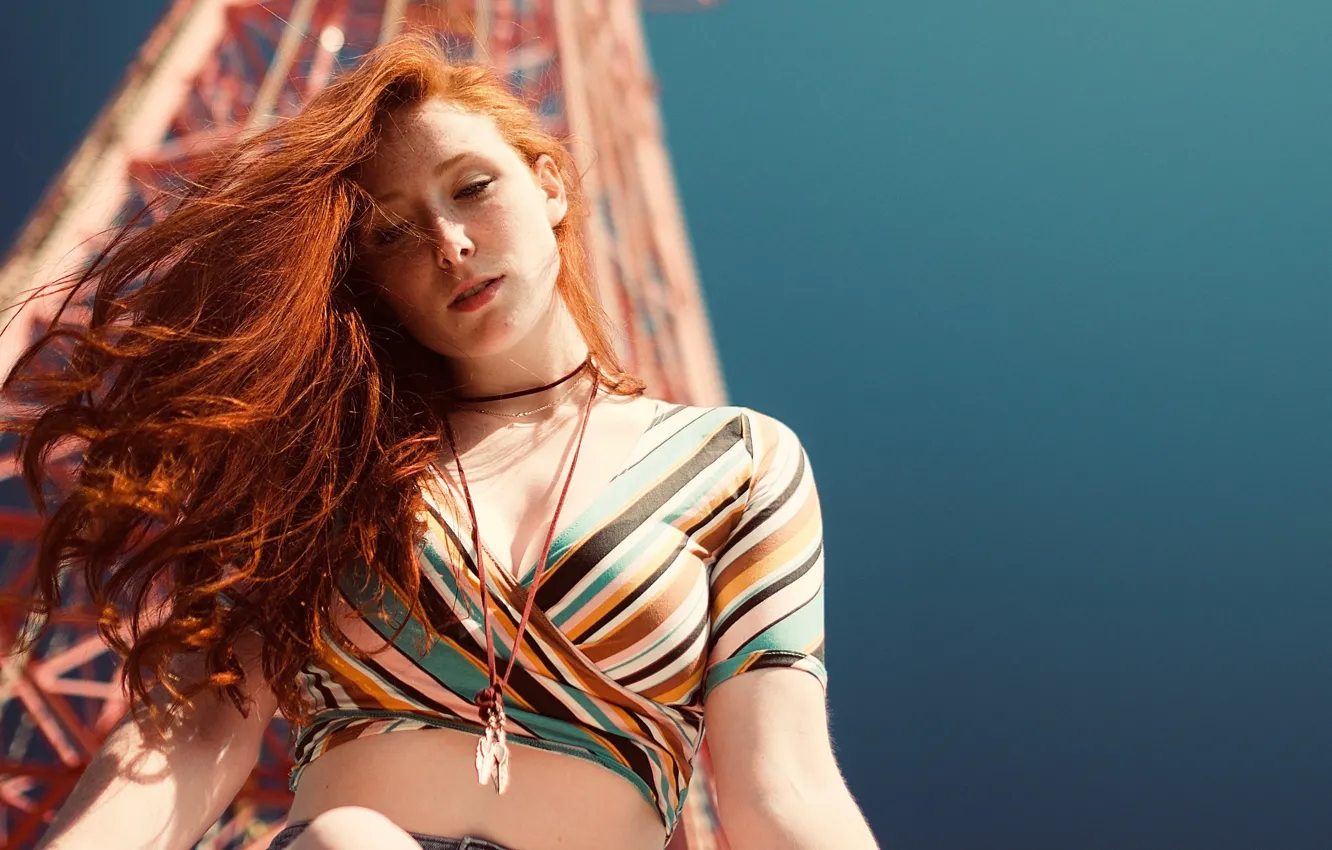 Photo wallpaper girl, hair, pendant, freckles, red, top