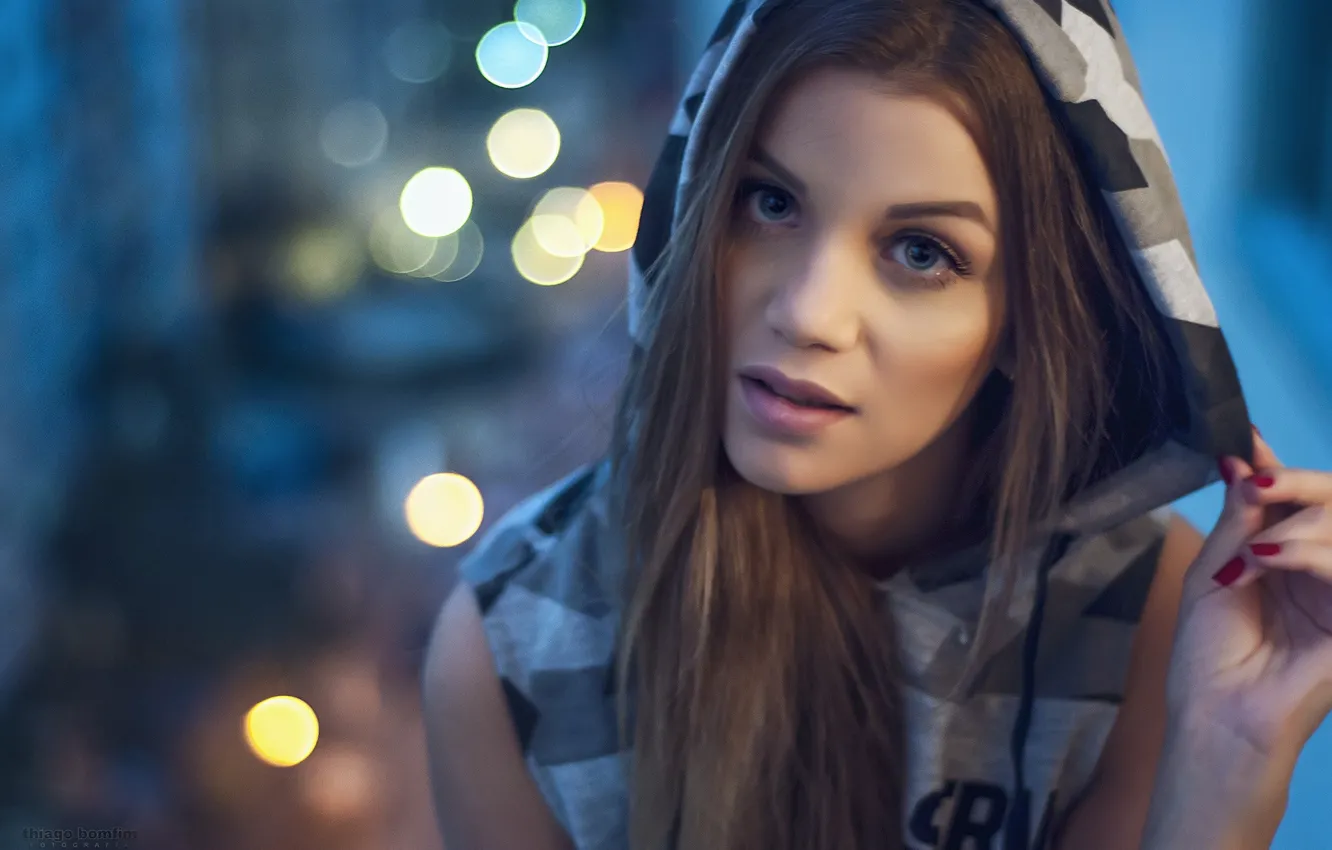 Photo wallpaper girl, long hair, brown hair, photo, photographer, blue eyes, model, bokeh