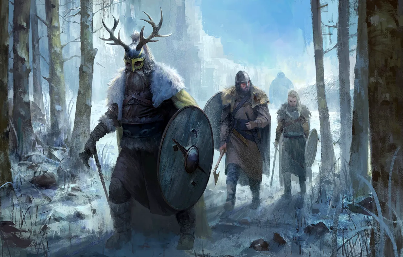 Photo wallpaper snow, trees, helmet, shield, battle axe, The Vikings