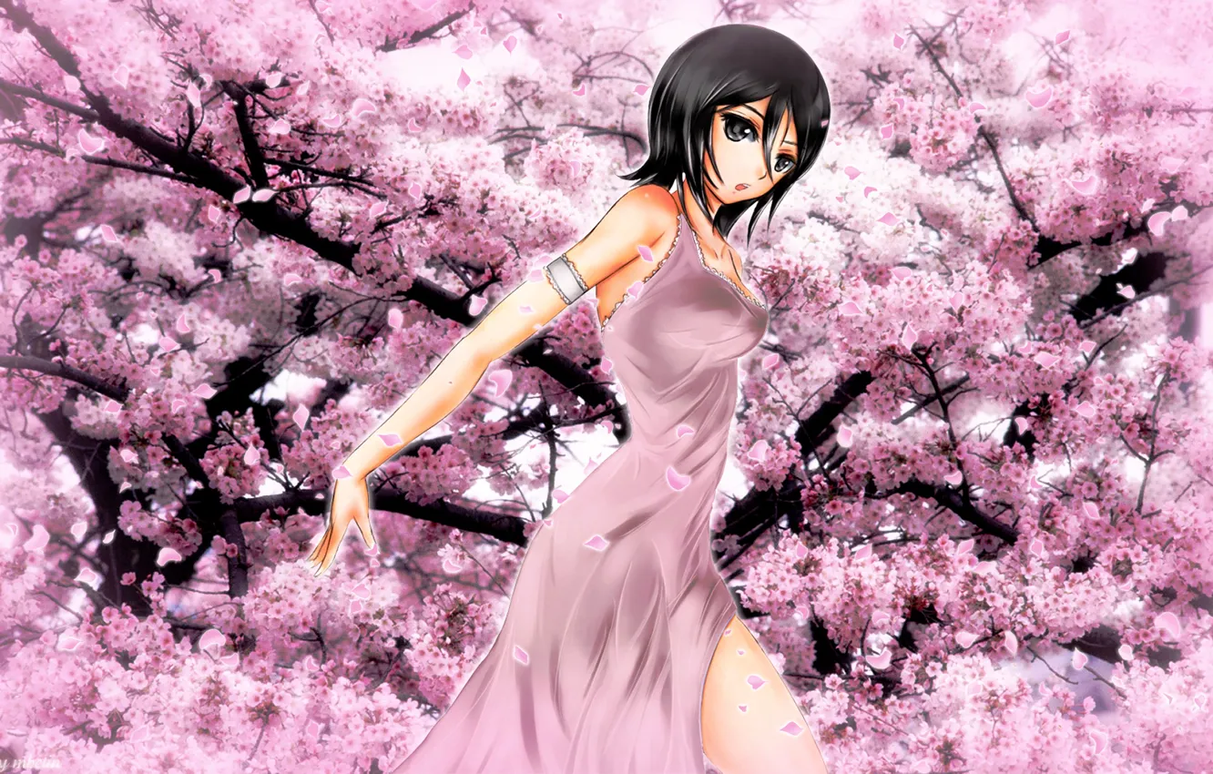 Photo wallpaper Sakura, Anime, Bleach, flowering, Kuchiki Rukia, pink color
