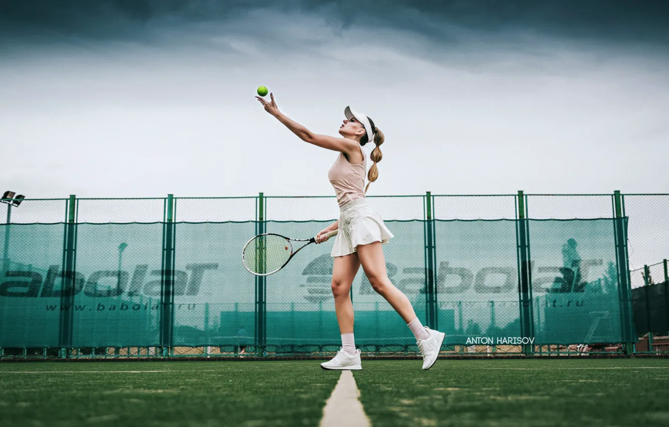 Photo wallpaper girl, racket, the ball, tennis, court, submission, Anton Kharisov, Katrin Sarkozy