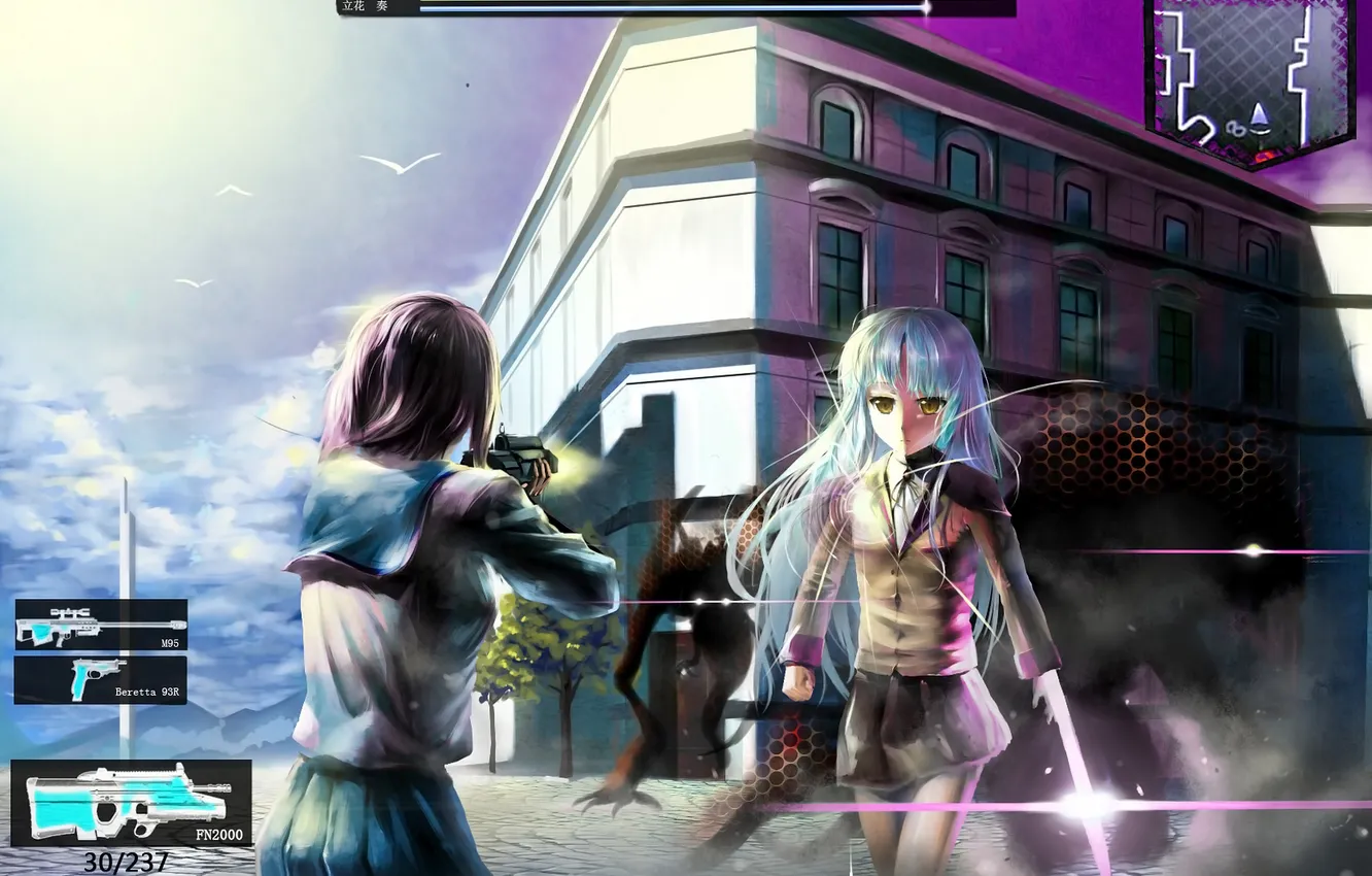 Photo wallpaper girl, weapons, bird, building, Angel Beats!, kanade tachibana, Nakamura Yuri