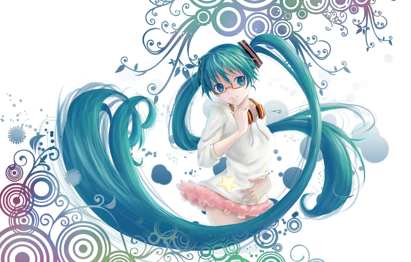 Photo wallpaper girl, pattern, headphones, art, glasses, white background, vocaloid, hatsune miku