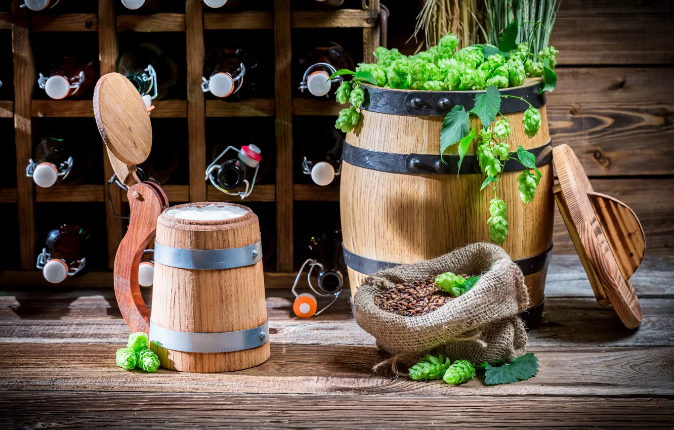 Photo wallpaper light, bottle, beer, malt, beer, hops, hop, barrel