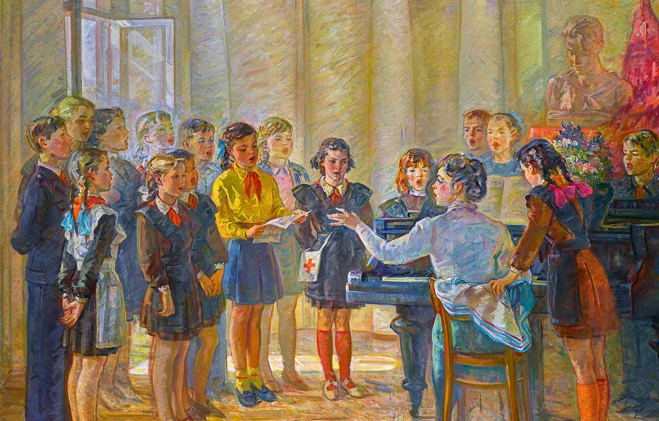 Photo wallpaper Children, Picture, Piano, Children's Choir, They sing, Sholokhov Boris Anatolyevich, Boris Sholokhov, Pioneers