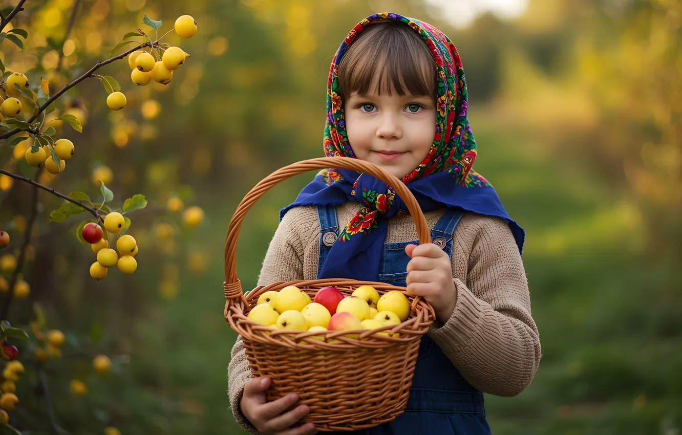 Photo wallpaper apples, girl, basket, shawl, AI art