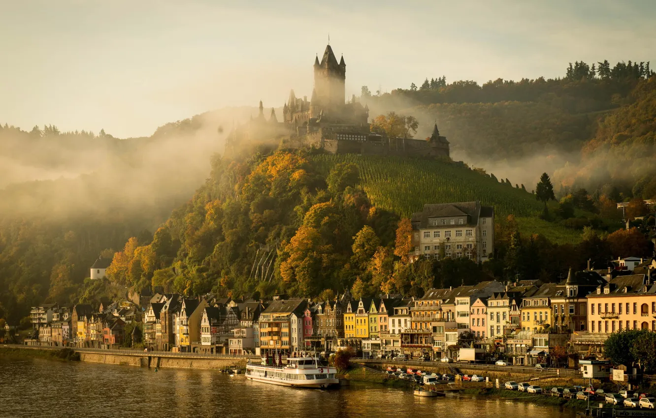 Photo wallpaper autumn, the city, fog, river, castle, morning, Germany, Cochem