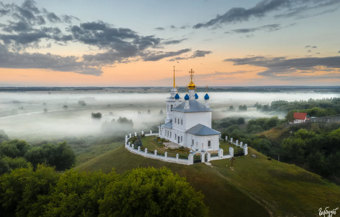 Photo wallpaper landscape, nature, fog, field, morning, temple, the village, Ilya Garbuzov