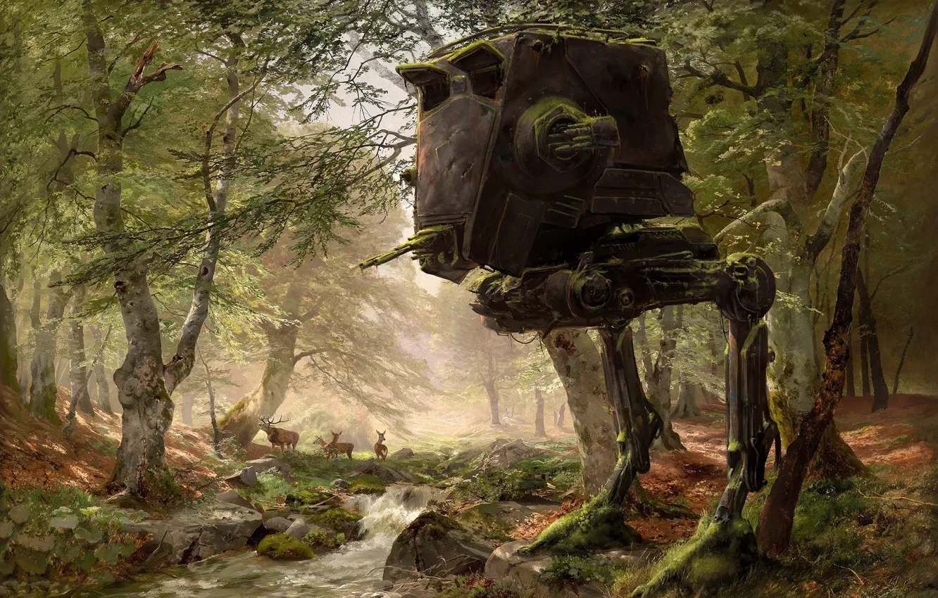 Photo wallpaper forest, trees, star wars, robot, deer, art, AT-ST, Imperial AT-ST Scout Walker