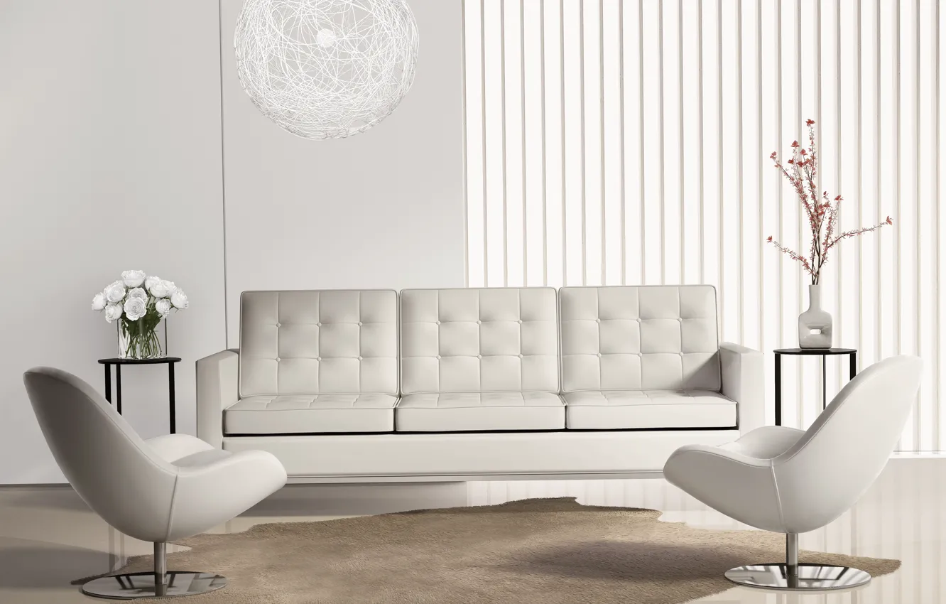 Photo wallpaper flowers, design, grey, sofa, interior, chairs, chandelier, living room