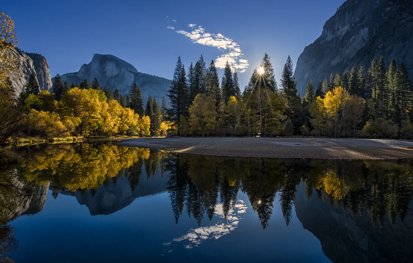 Photo wallpaper autumn, forest, mountains, lake, sunrise, morning, CA, Yosemite