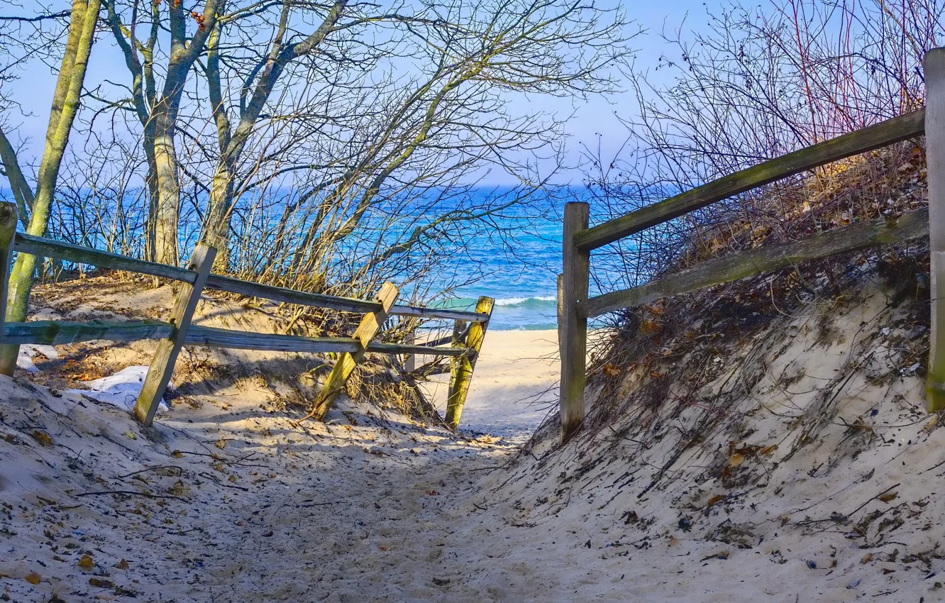 Photo wallpaper sea, beach, shore, the fence