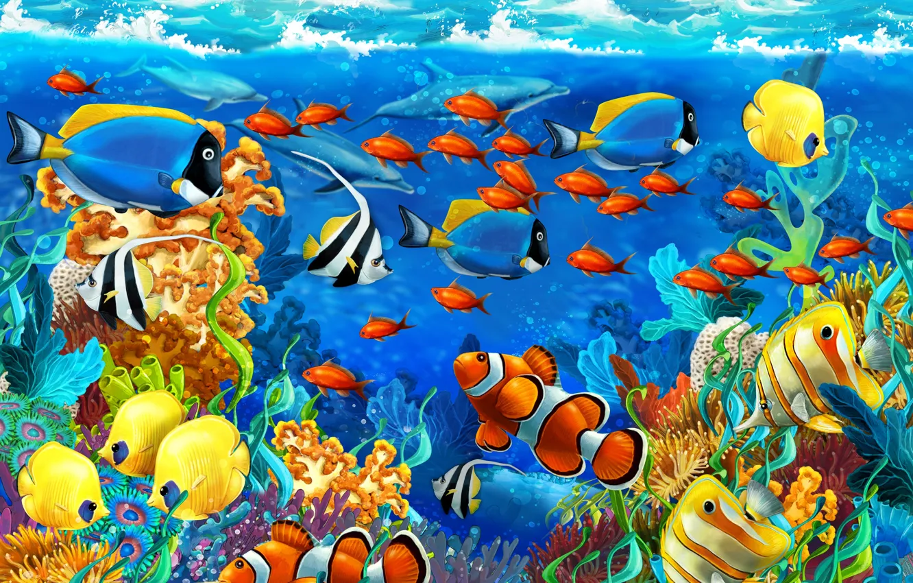 Photo wallpaper sea, algae, fish, corals, dolphins