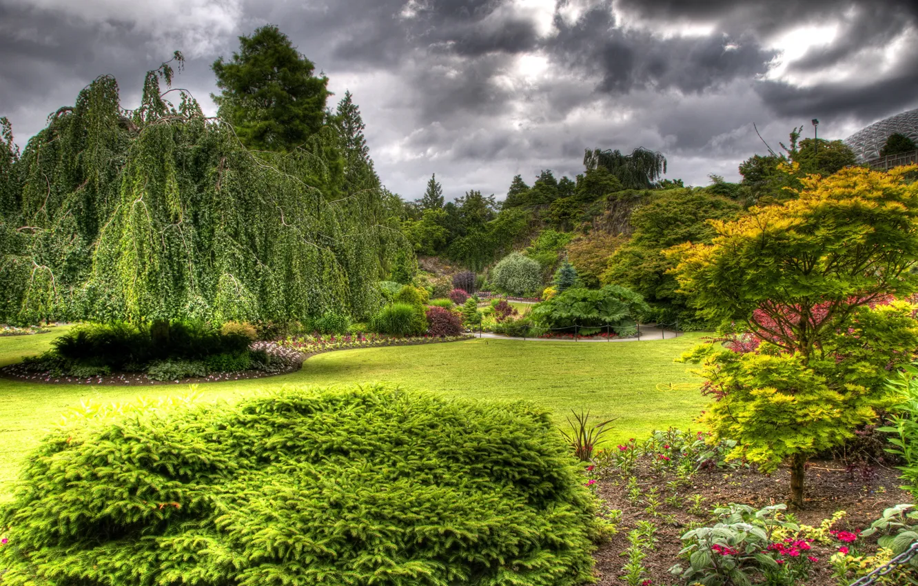 Photo wallpaper greens, grass, flowers, clouds, overcast, treatment, garden, Canada