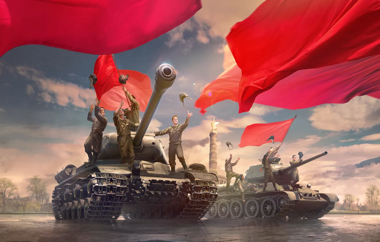 Photo wallpaper figure, area, art, glee, red, tanks, banners, World of Tanks