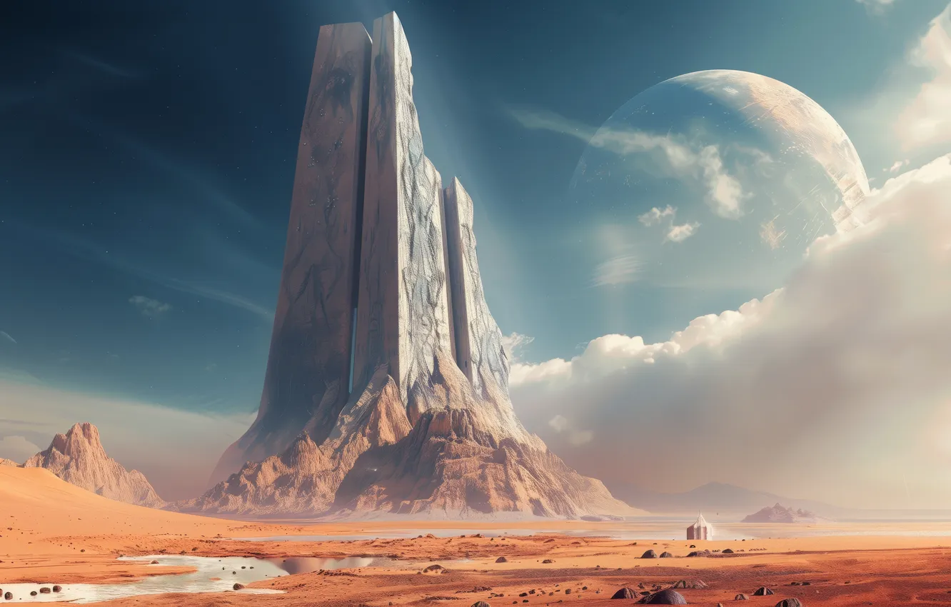 Photo wallpaper desert, planet, building, AI Art