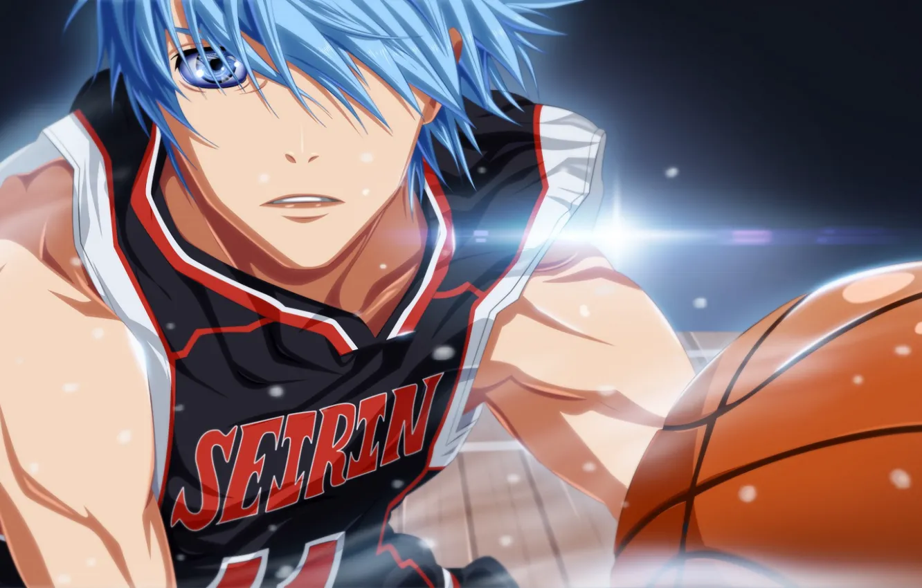 Photo wallpaper look, the ball, guy, blue hair, art, muscles, sports uniforms, Kuroko's basketball