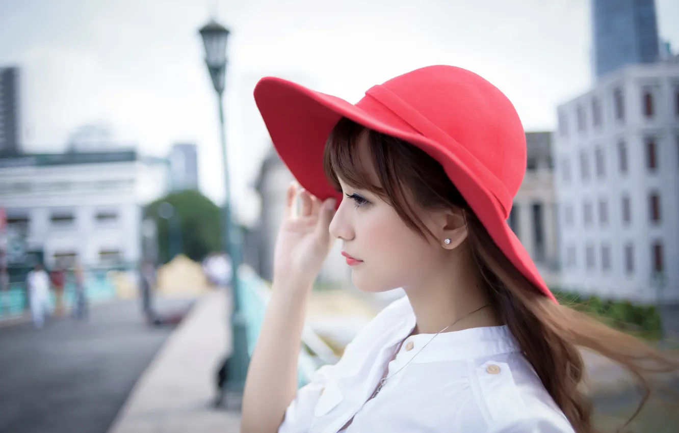 Photo wallpaper red, hat, Asian