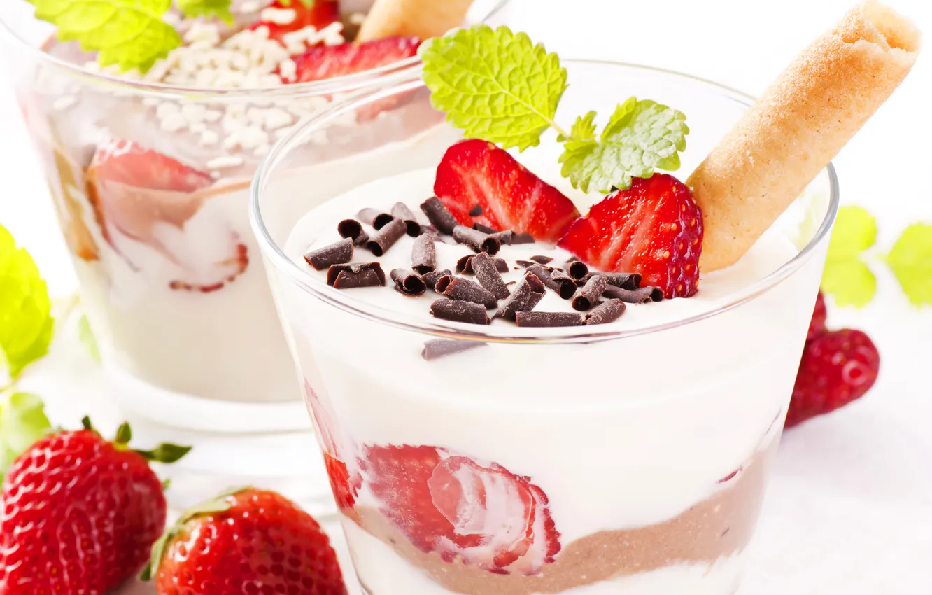 Photo wallpaper berries, chocolate, strawberry, mint, cream, dessert, sweet, tube