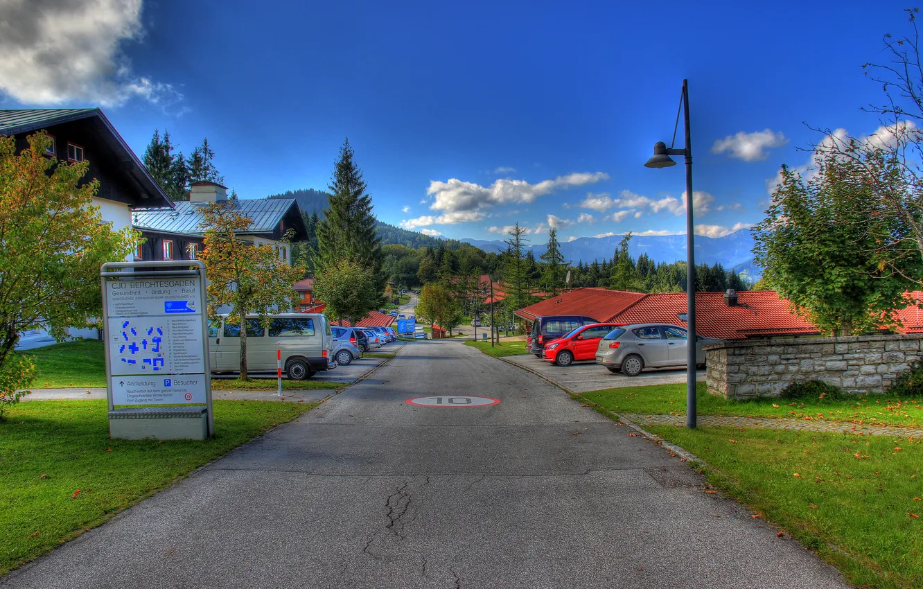 Photo wallpaper photo, HDR, Road, The city, Grass, Germany, Street, Berchtesgaden