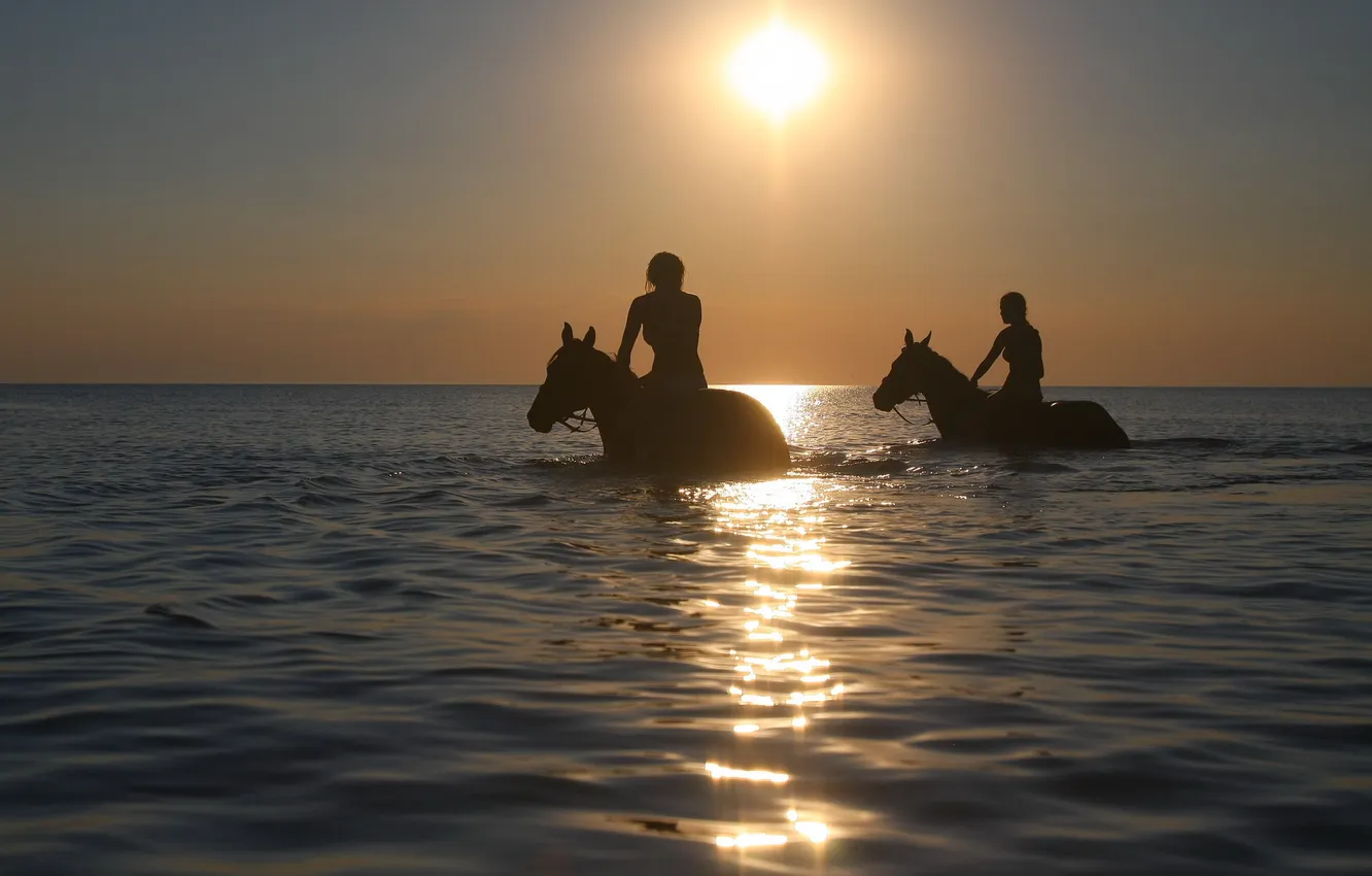 Photo wallpaper sea, girls, horses