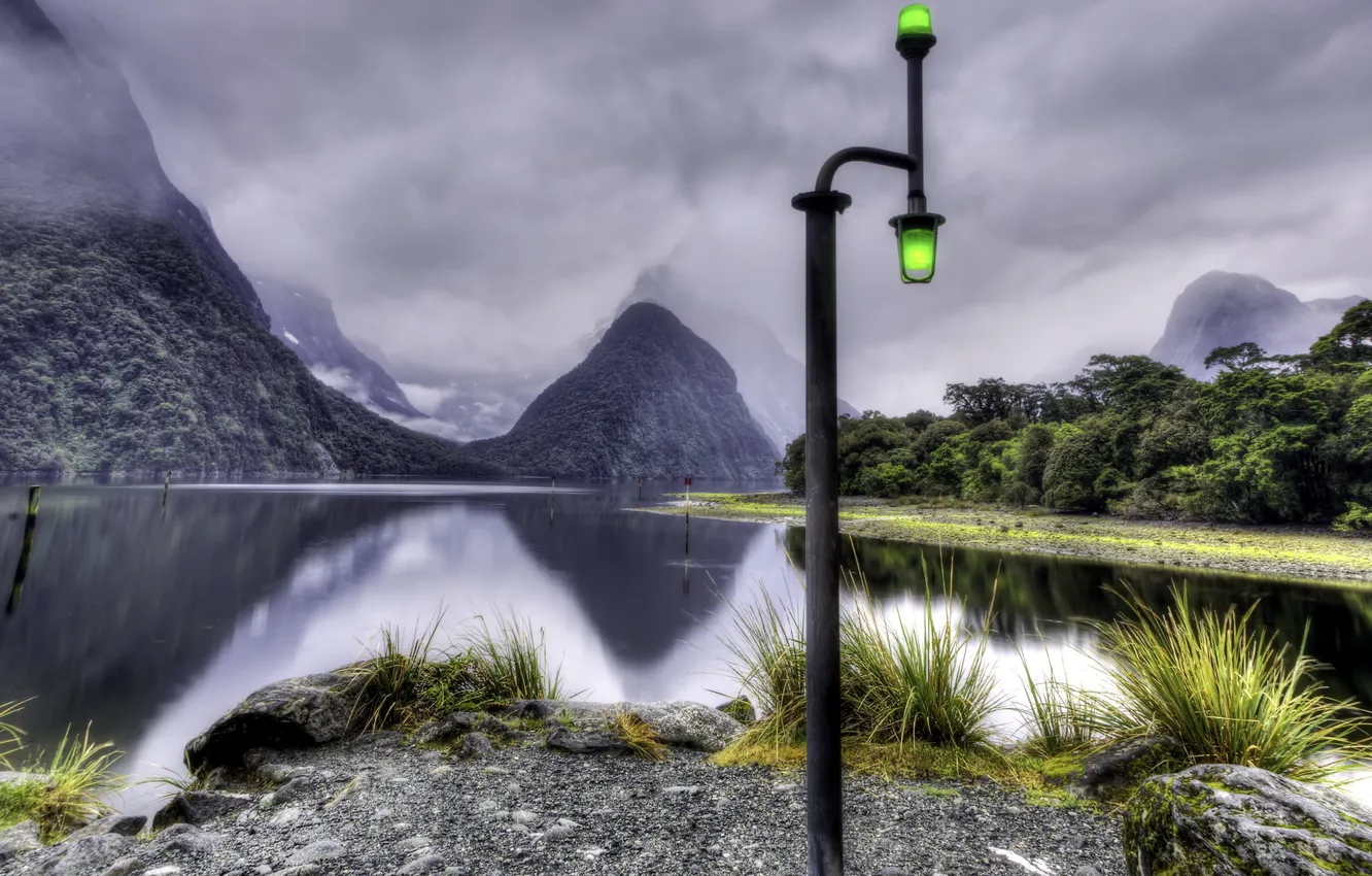 Photo wallpaper landscape, mountains, lake, lamp