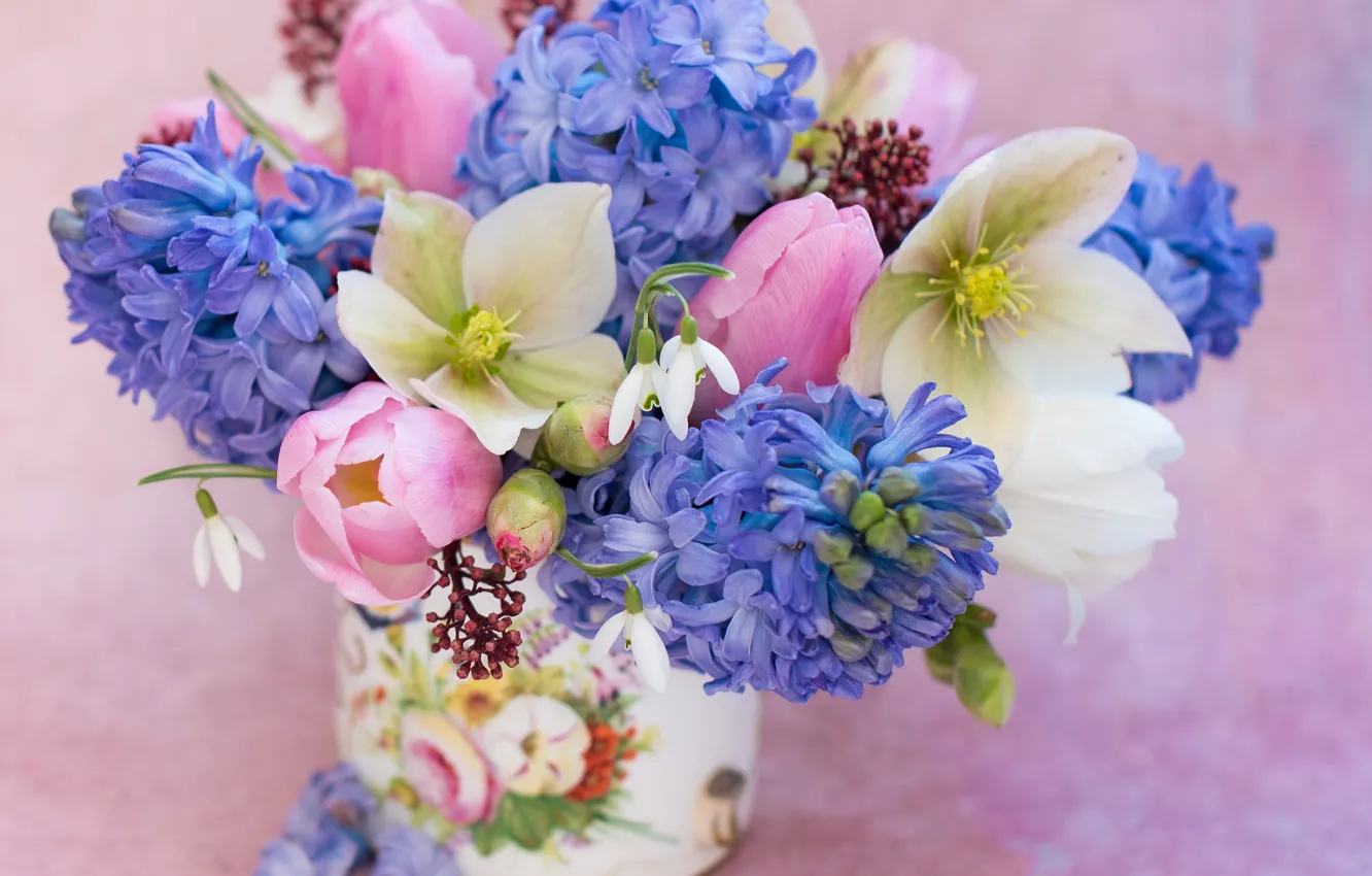 Photo wallpaper background, bouquet, snowdrops, tulips, hyacinths, hellebore
