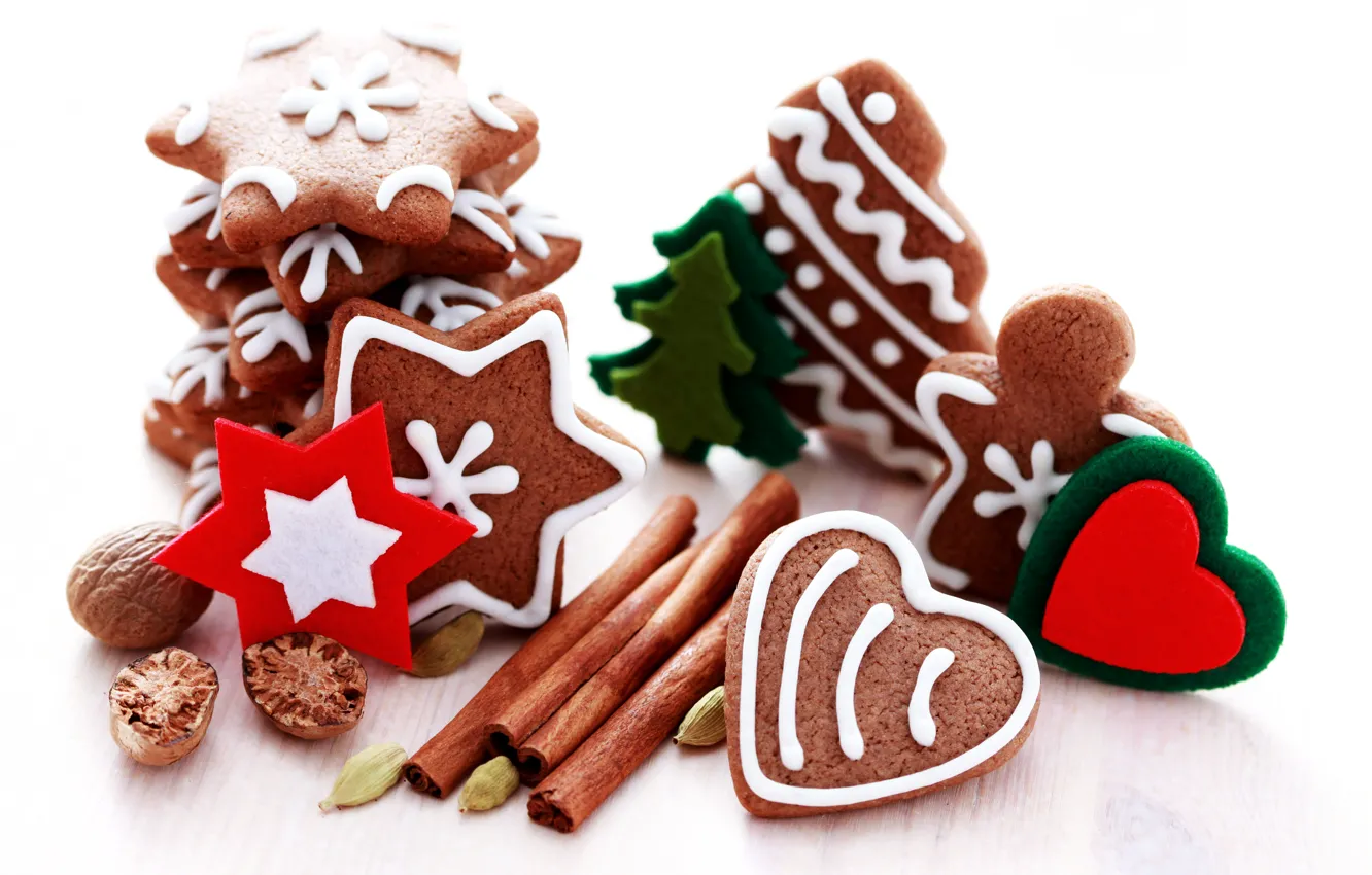 Photo wallpaper cookies, Christmas, New year, nuts, cinnamon, Christmas, heart, cakes