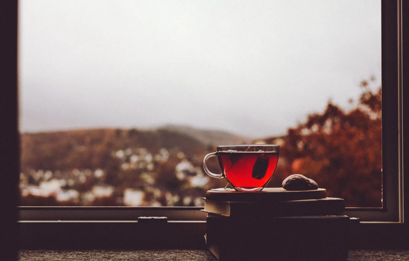 Photo wallpaper cup, window, village, tea, cloudy, rainy