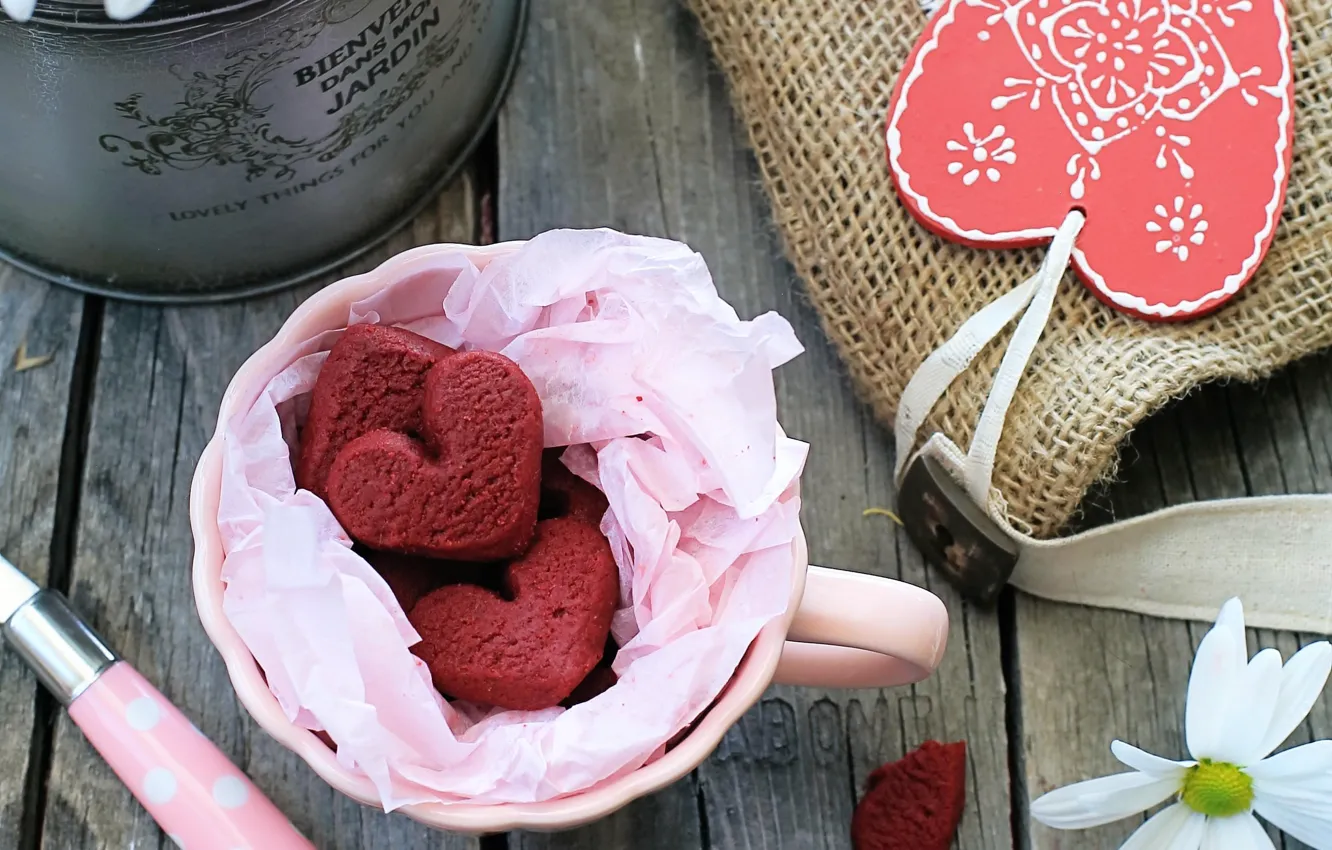 Photo wallpaper flowers, petals, cookies, hearts, daisies