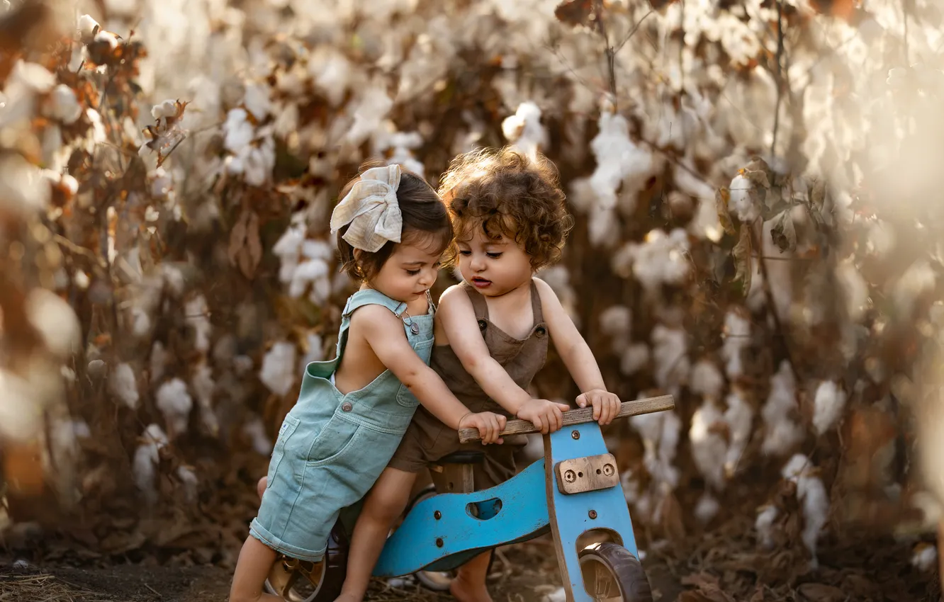 Photo wallpaper field, bike, children, jeans, boy, girl, cotton, jumpsuit