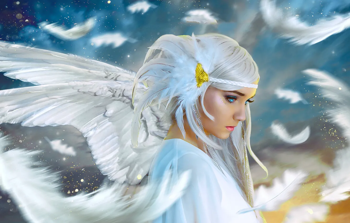Photo wallpaper girl, angel, feathers, white wings
