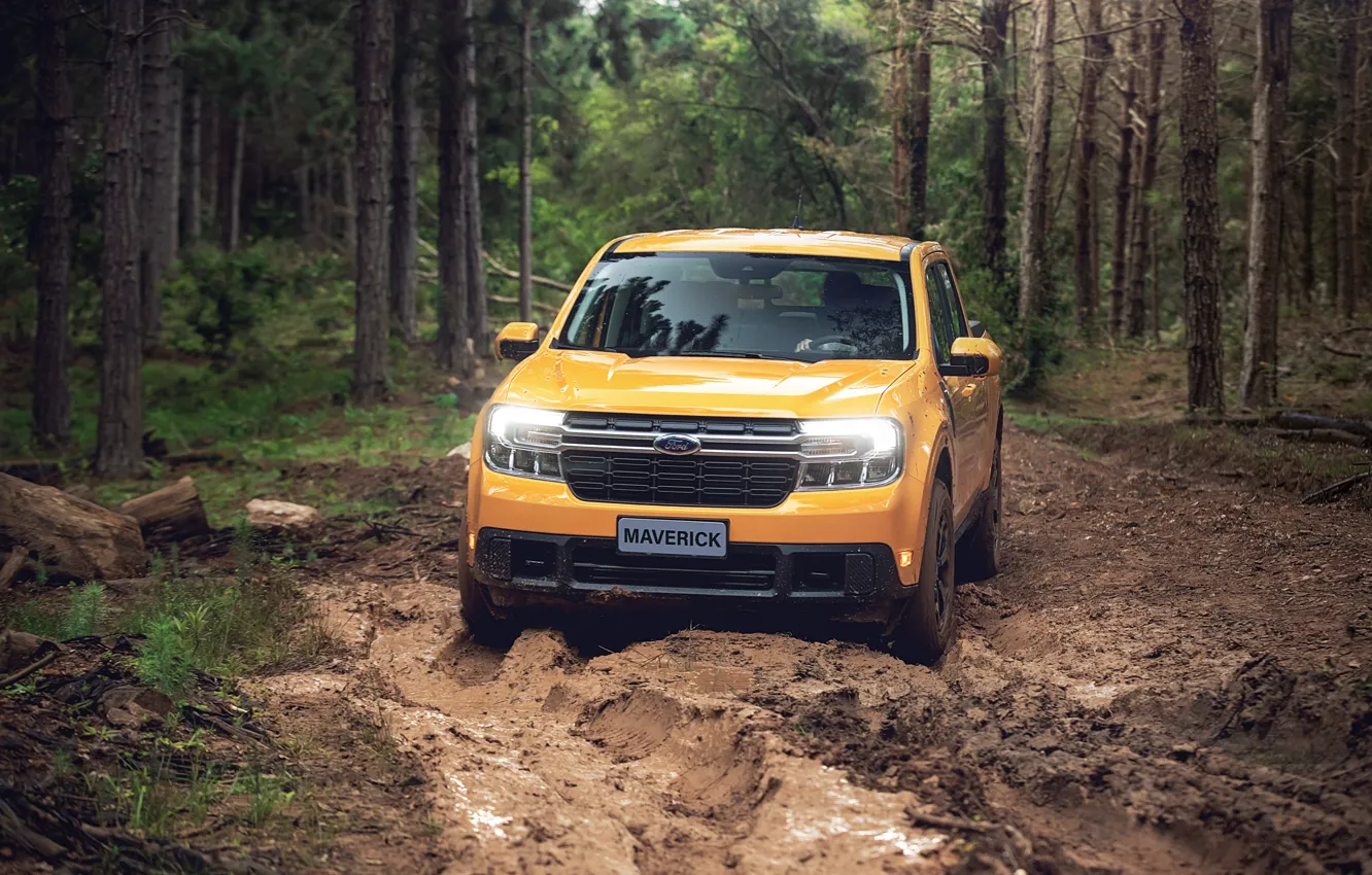 Photo wallpaper Ford, Yellow, Pickup, Offroad, Mud, Maverick, 2021, FX4