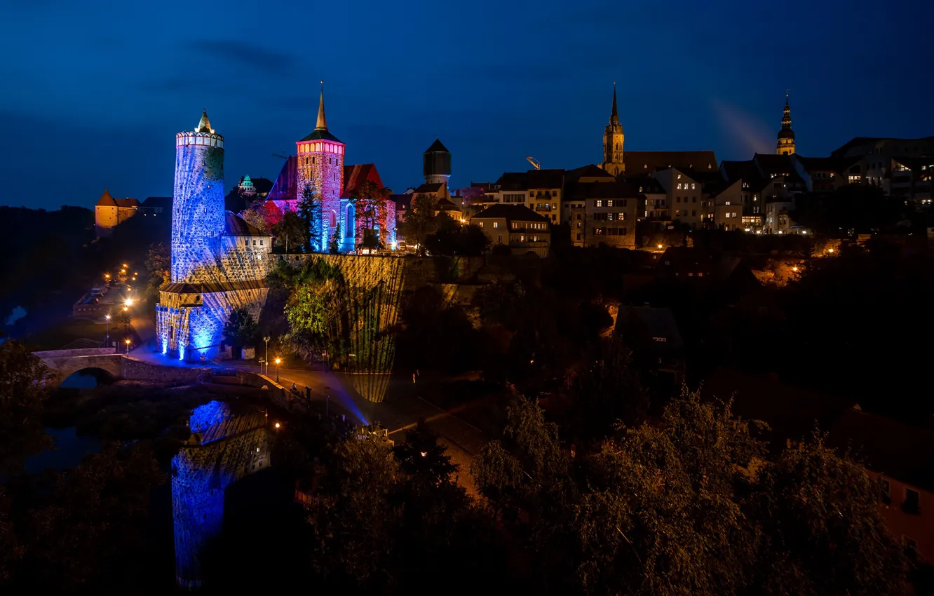 Photo wallpaper trees, night, bridge, lights, river, tower, home, Germany