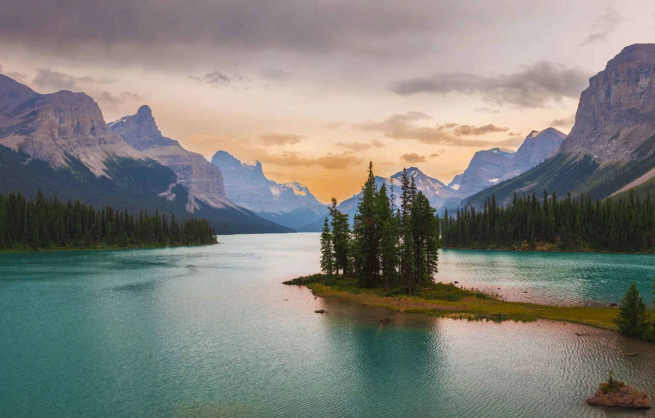 Photo wallpaper forest, the sky, clouds, mountains, lake, rocks, shore, tops