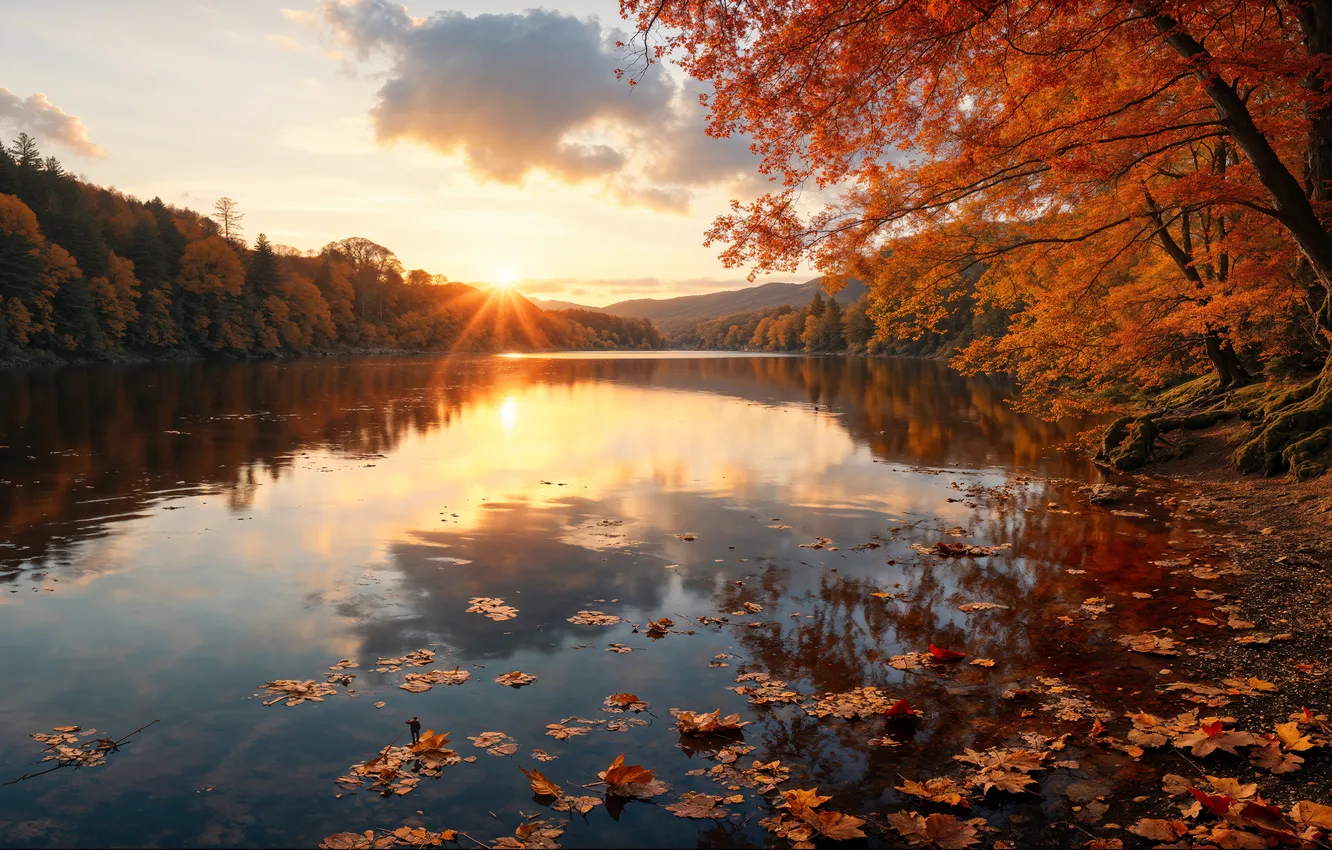 Photo wallpaper autumn, forest, the sky, the sun, clouds, rays, trees, mountains