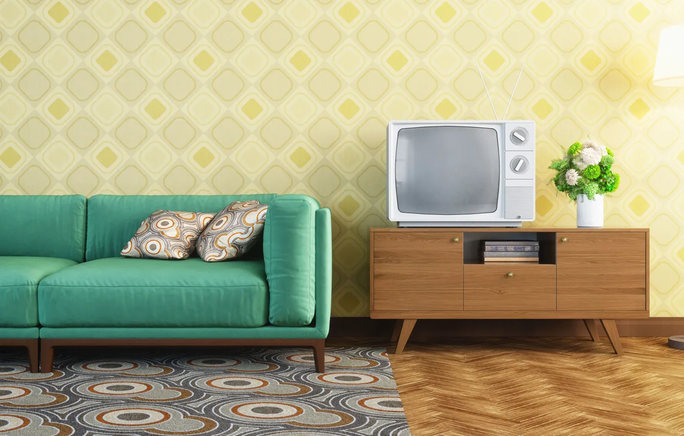 Photo wallpaper design, style, retro, Wallpaper, interior, TV, sofa, vintage