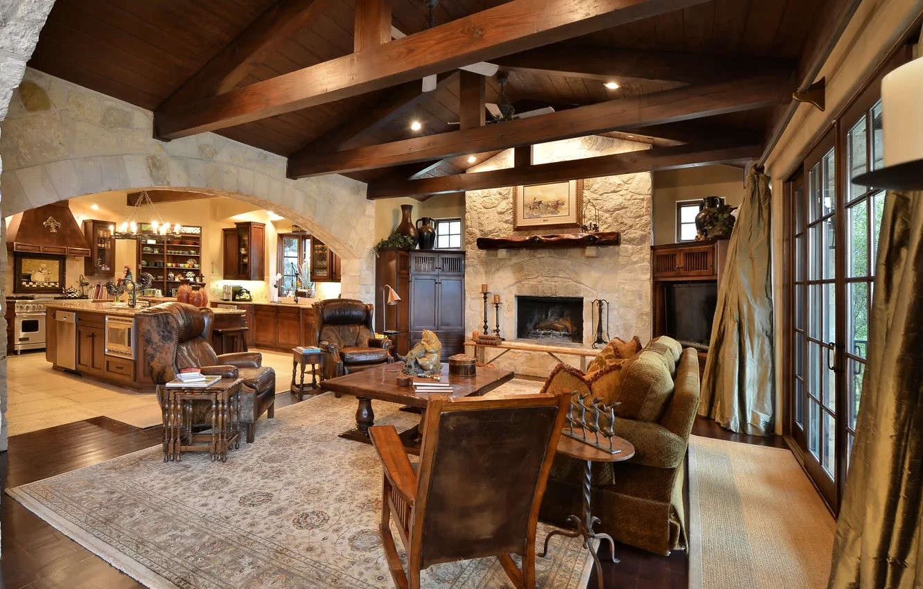 Photo wallpaper style, interior, kitchen, fireplace, Austin, living room, ranch, Steiner Ranch