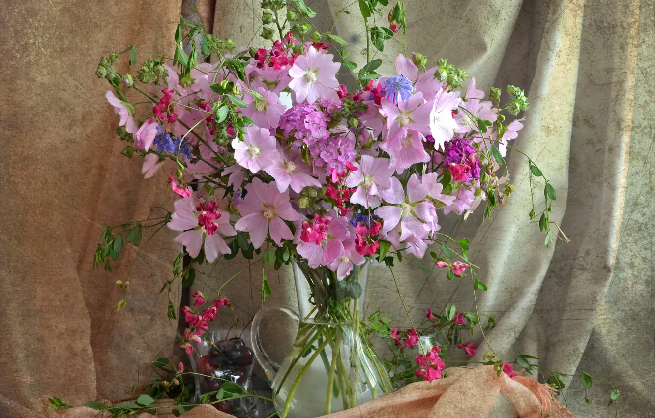 Photo wallpaper summer, cherry, bouquet, texture, wildflowers, Phlox, chicory, mallow