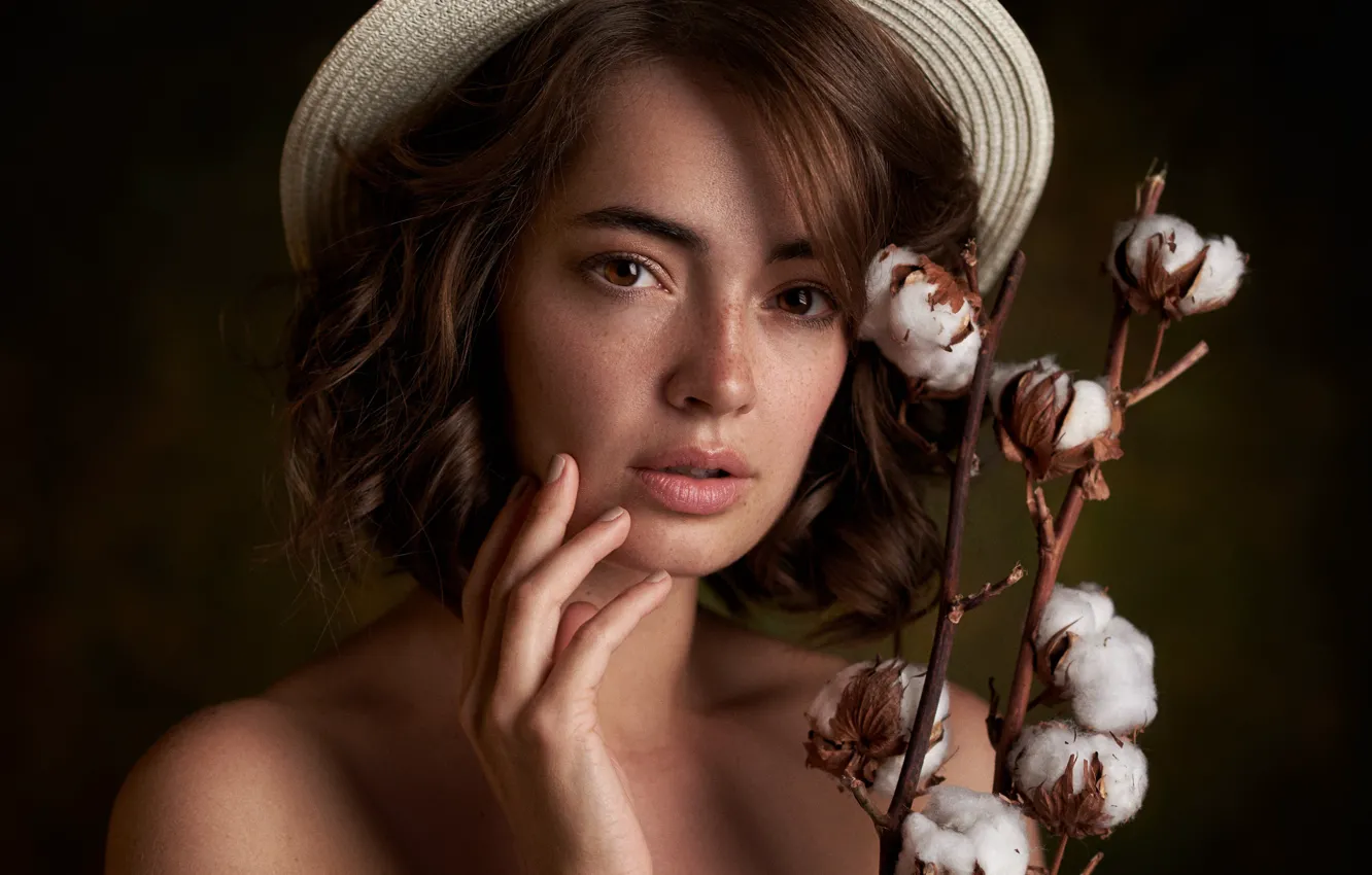 Photo wallpaper look, girl, branches, face, background, hand, portrait, cotton