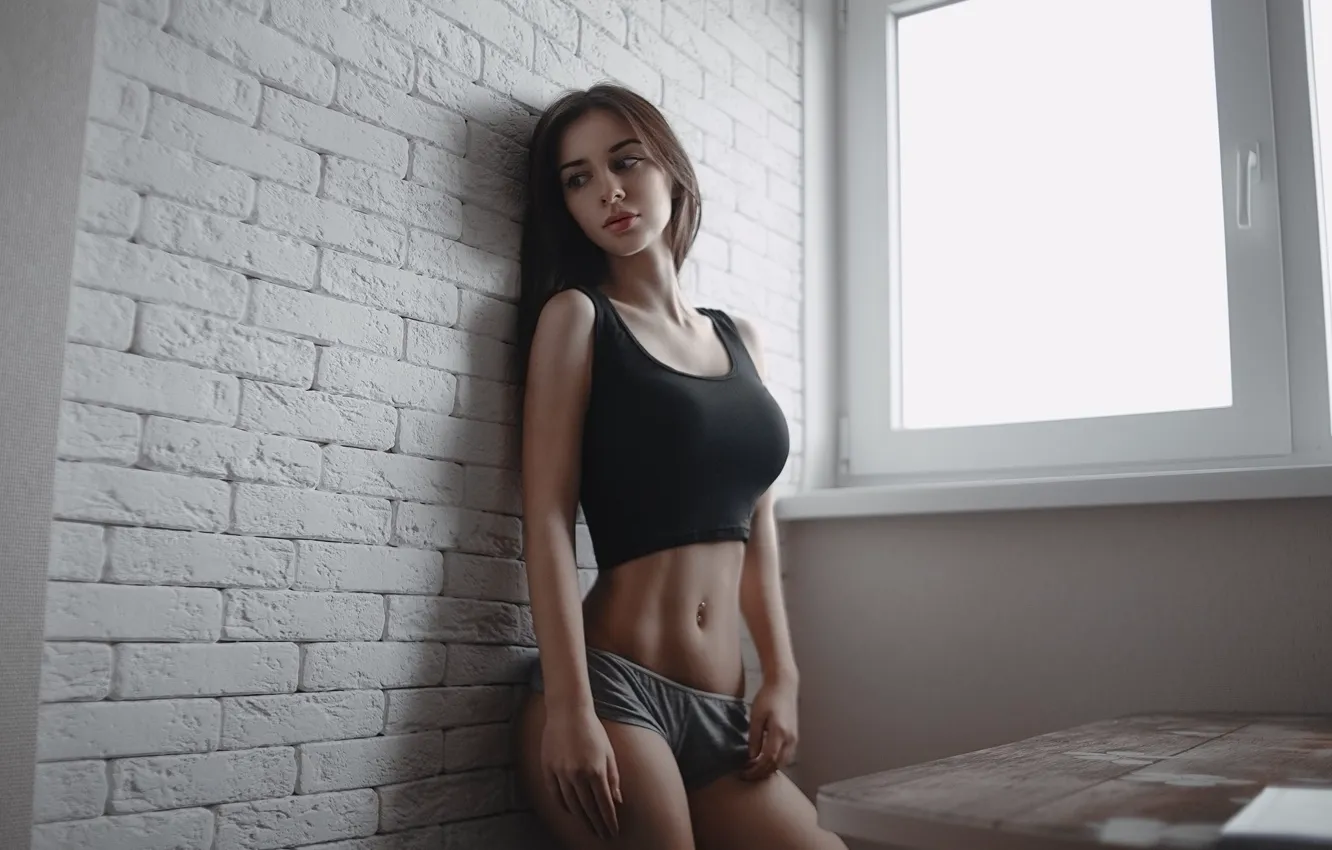 Photo wallpaper girl, pose, wall, Mike, figure, top, bricks, Nikolay Novikov