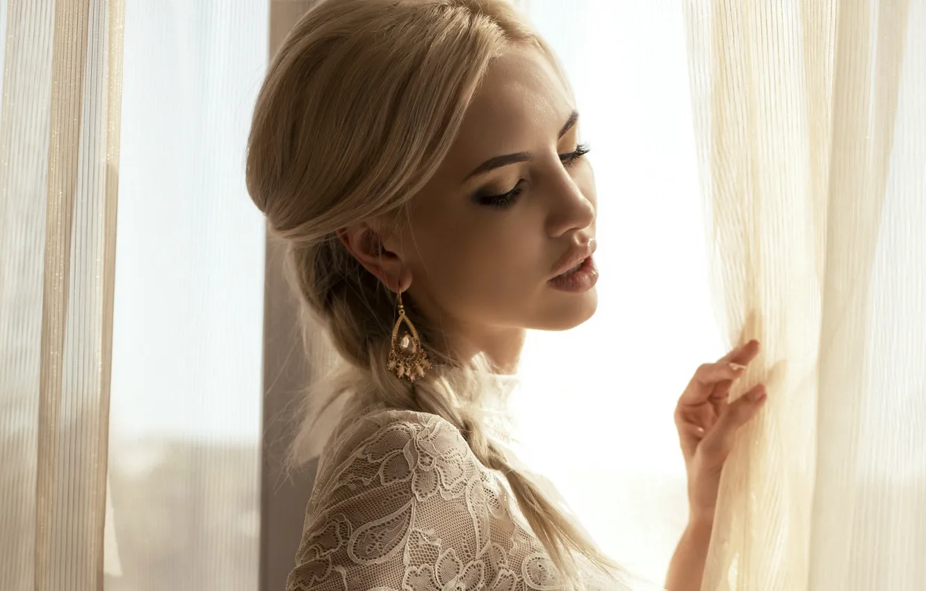 Photo wallpaper girl, earrings, makeup, window, blonde, curtains, manicure