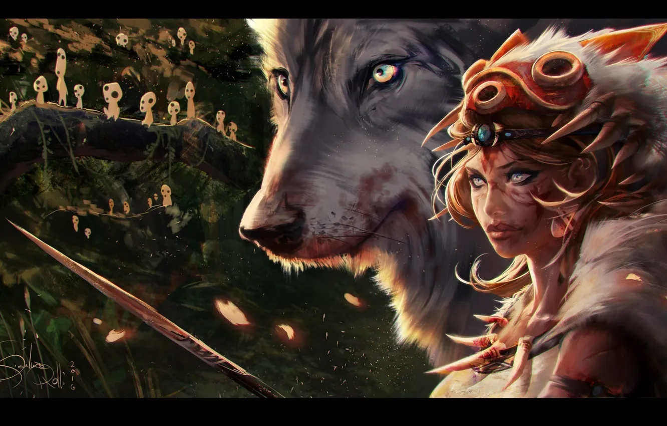 Photo wallpaper forest, look, girl, trees, wolf, art, Princess Mononoke, Princess mononoke