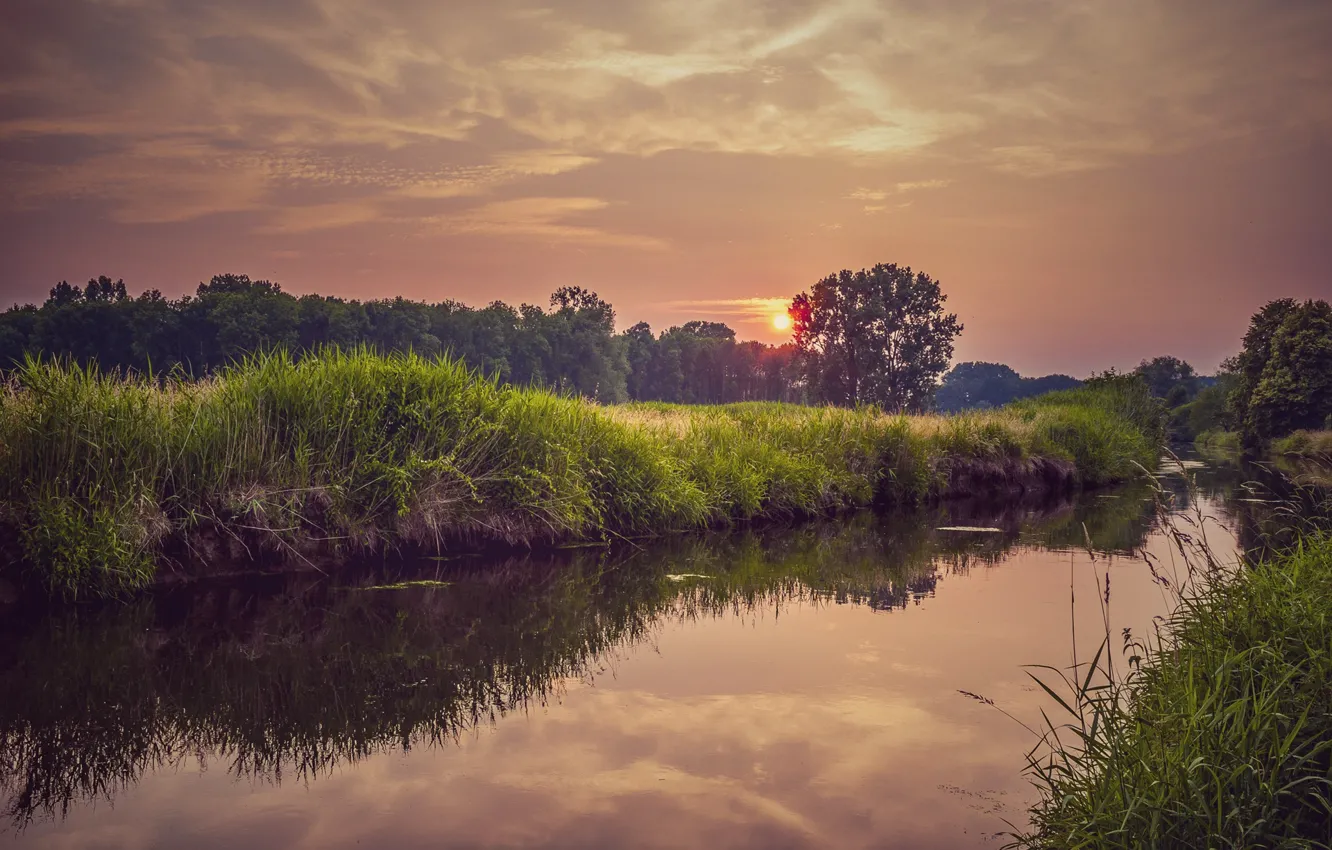 Photo wallpaper Sunset, River, Bank