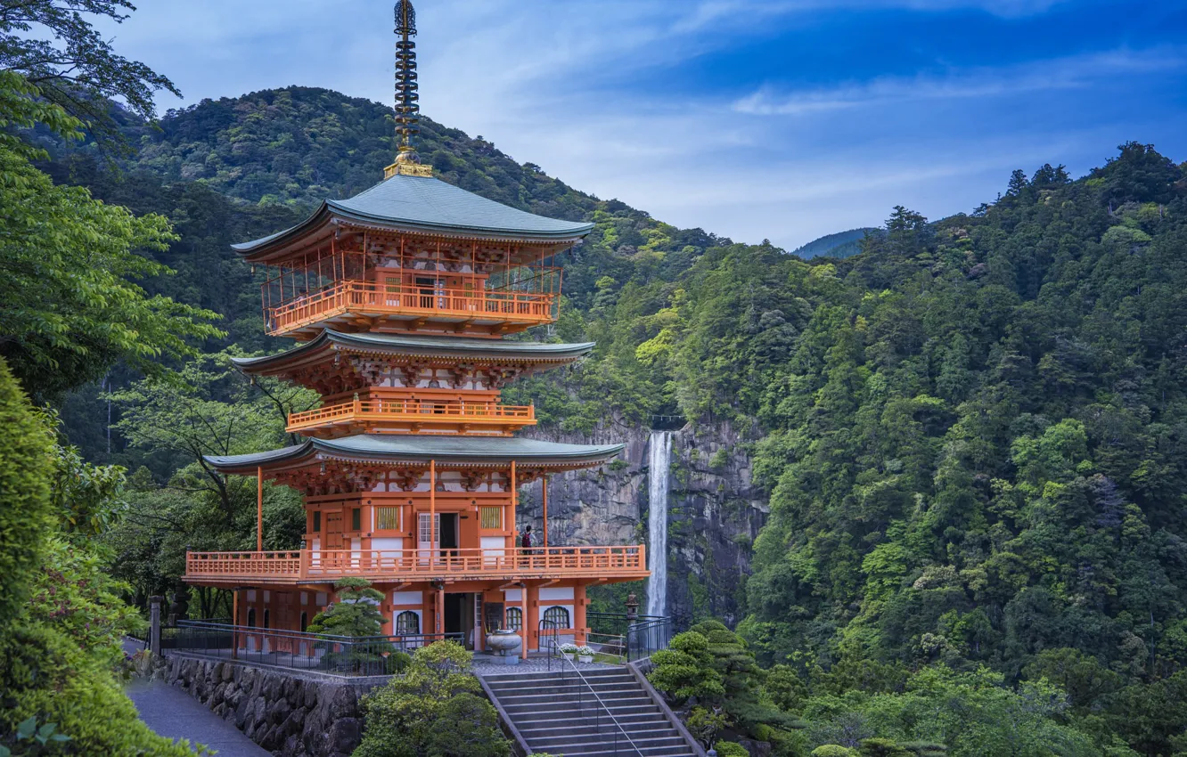 Photo wallpaper forest, mountains, waterfall, pagoda, Japan, Nachi Falls, Seigantoji Pagoda
