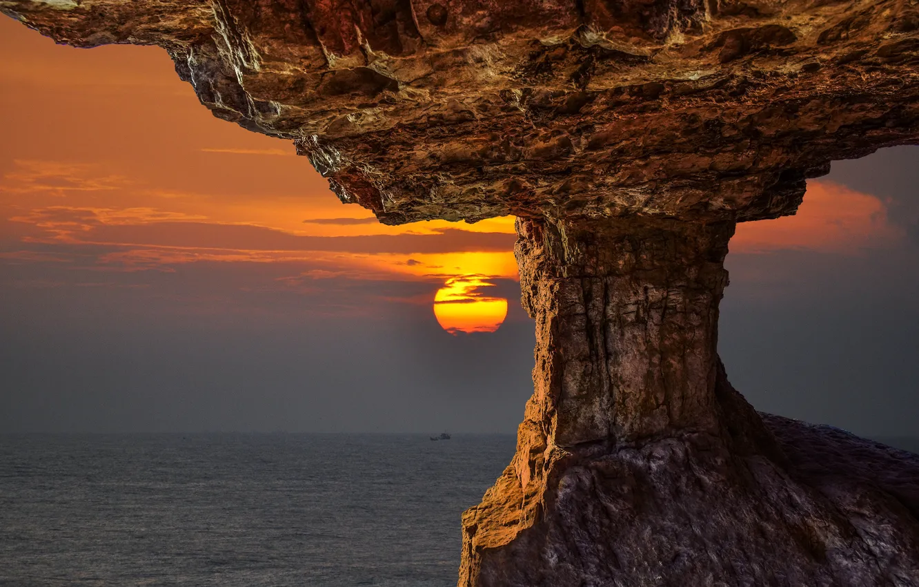 Photo wallpaper sea, the sky, the sun, sunset, rocks