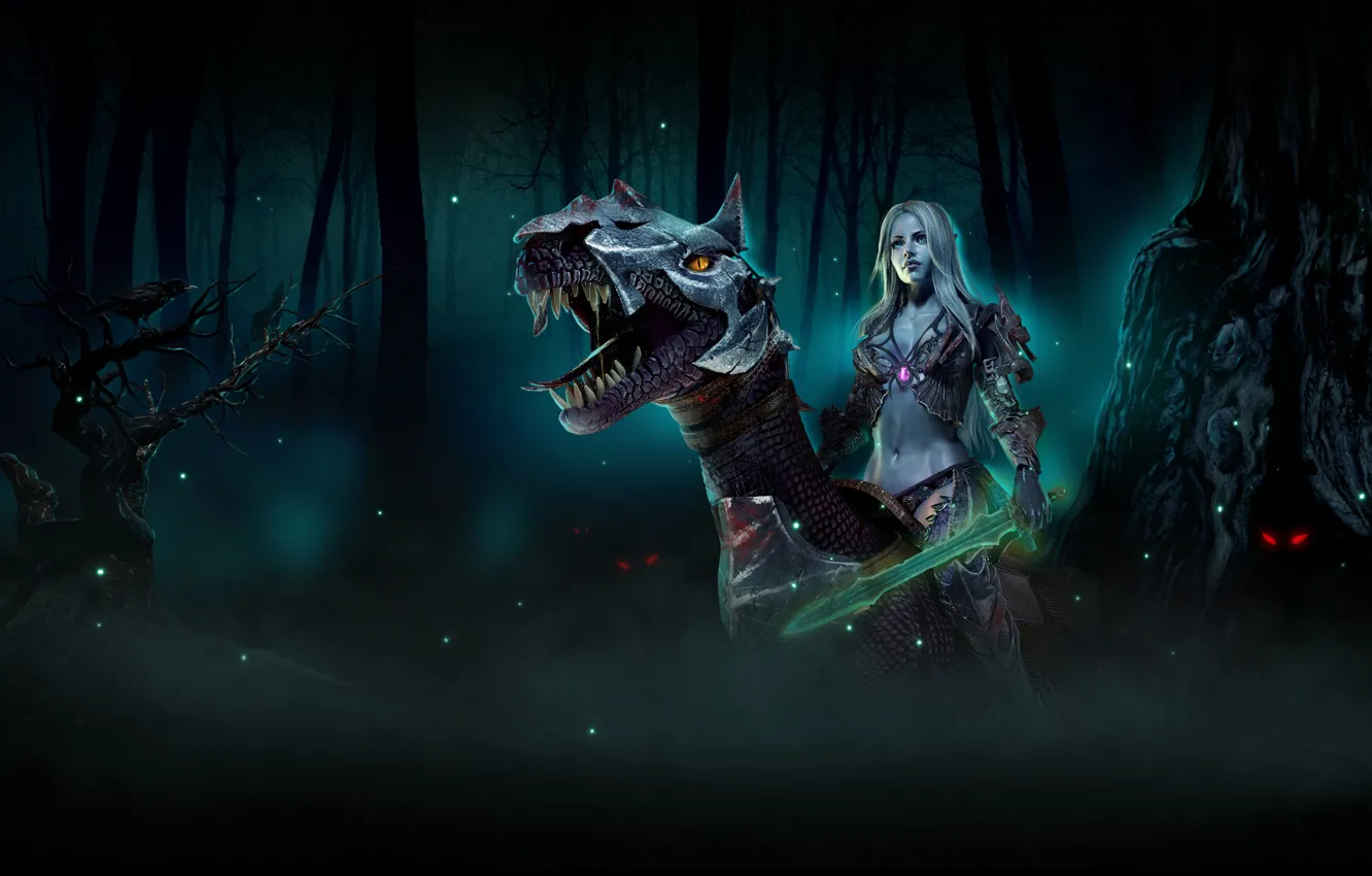 Photo wallpaper forest, girl, night, fog, the darkness, armor, Plarium, Stormfall Age of War